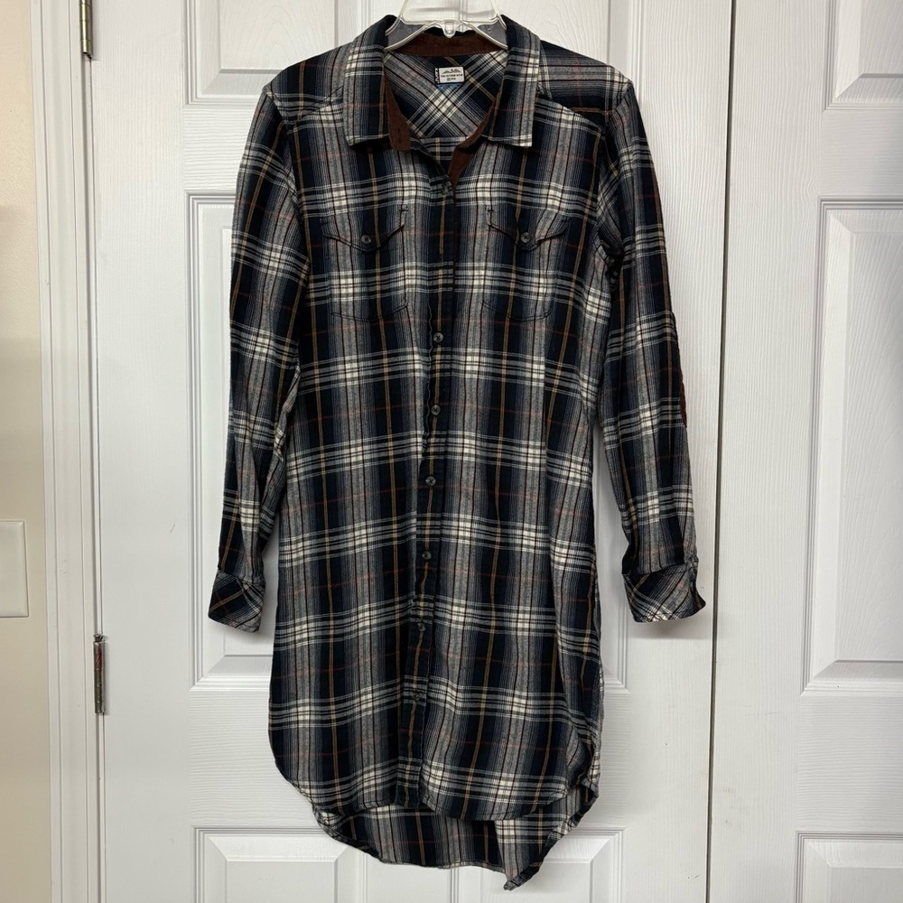 Kavu Navy / Brown Plaid Flannel Button Front Jurnee Shirtdress Corduroy Trim Med